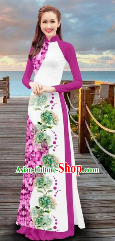 Asian Vietnam Printing Flowers Cheongsam Dress and Pants Traditional Vietnamese Costumes Classical Purple Ao Dai Qipao for Women