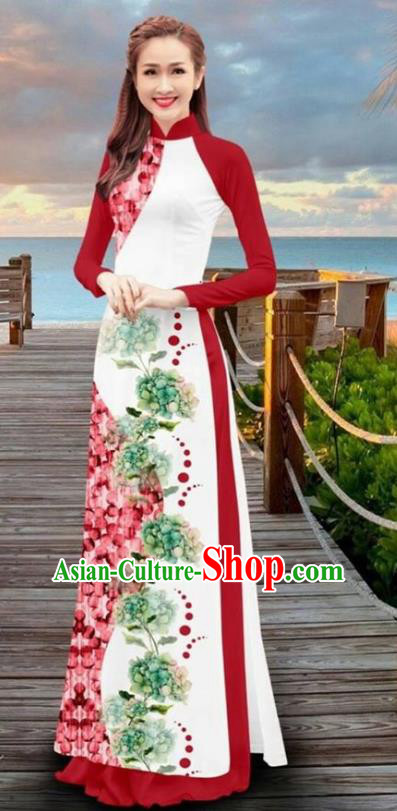 Asian Vietnam Printing Flowers Cheongsam Dress and Pants Traditional Vietnamese Costumes Classical Red Ao Dai Qipao for Women