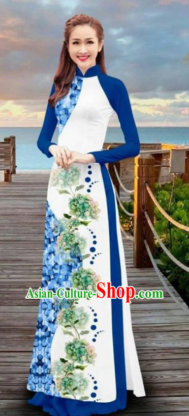 Asian Vietnam Printing Flowers Cheongsam Dress and Pants Traditional Vietnamese Costumes Classical Blue Ao Dai Qipao for Women