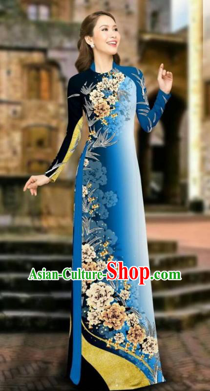 Asian Vietnam Cheongsam Dress and Pants Traditional Vietnamese Costumes Classical Printing Peony Blue Ao Dai Qipao for Women