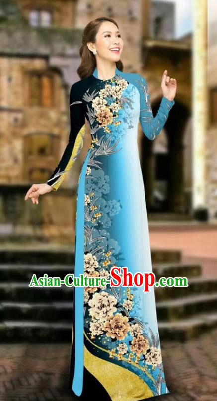Asian Vietnam Cheongsam Dress and Pants Traditional Vietnamese Costumes Classical Printing Peony Light Blue Ao Dai Qipao for Women