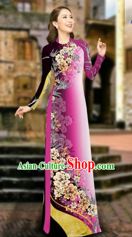 Asian Vietnam Cheongsam Dress and Pants Traditional Vietnamese Costumes Classical Printing Peony Rosy Ao Dai Qipao for Women