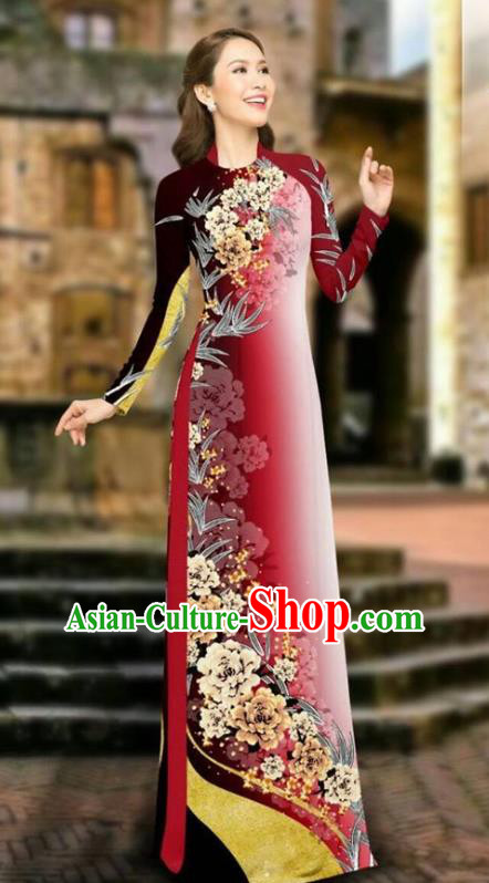 Asian Vietnam Cheongsam Dress and Pants Traditional Vietnamese Costumes Classical Printing Peony Red Ao Dai Qipao for Women