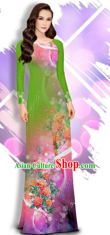 Asian Vietnam Printing Peony Cheongsam and Pants Traditional Vietnamese Female Costumes Classical Green Ao Dai Qipao Dress