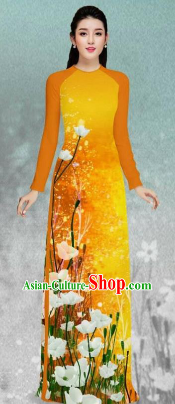 Asian Vietnam Printing Flowers Orange Cheongsam and Pants Traditional Vietnamese Costumes Classical Female Ao Dai Qipao Dress