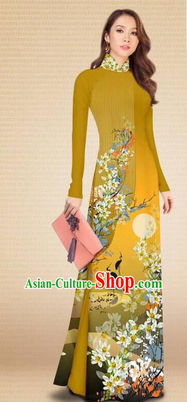 Asian Vietnam Classical Printing Crane Flowers Ginger Cheongsam Traditional Vietnamese Costumes Women Ao Dai Qipao Dress and Pants