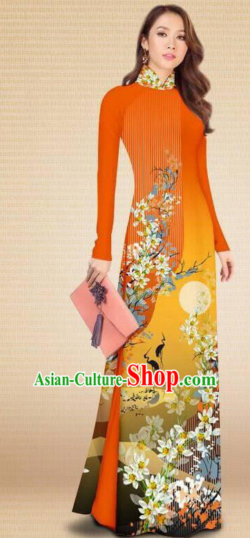 Asian Vietnam Classical Printing Crane Flowers Orange Cheongsam Traditional Vietnamese Costumes Women Ao Dai Qipao Dress and Pants