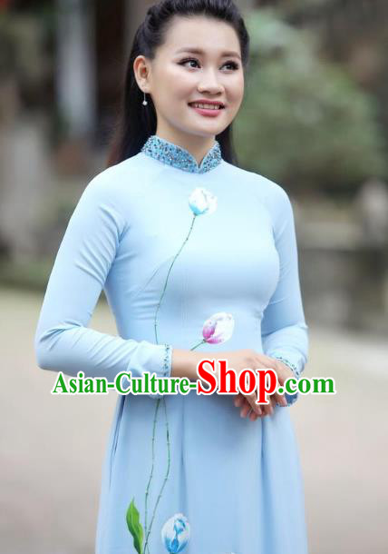 Asian Vietnam Classical Hand Painting Tulip Cheongsam Traditional Vietnamese Costumes Women Blue Ao Dai Qipao Dress and Pants