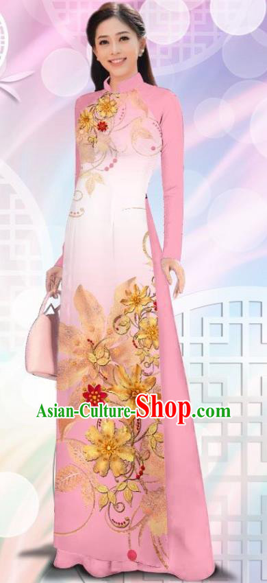 Asian Vietnam Women Classical Cheongsam Traditional Vietnamese Costumes Printing Flowers Pink Ao Dai Qipao Dress and Pants