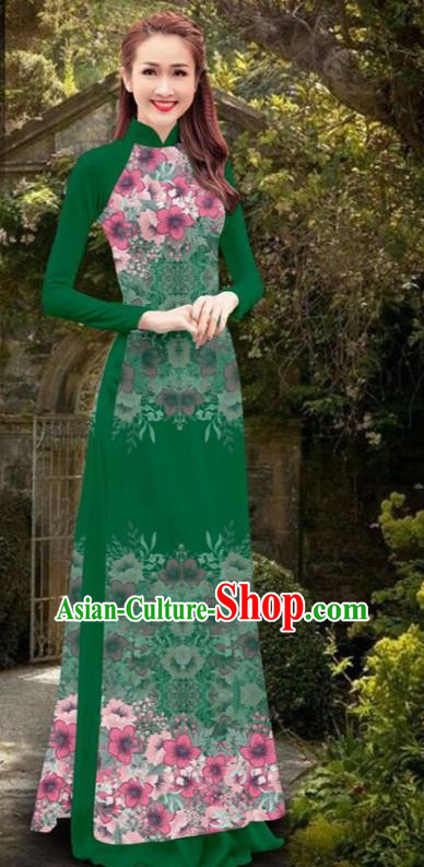 Asian Vietnam Women Cheongsam Costumes Traditional Vietnamese Classical Printing Flowers Green Ao Dai Qipao Dress and Loose Pants