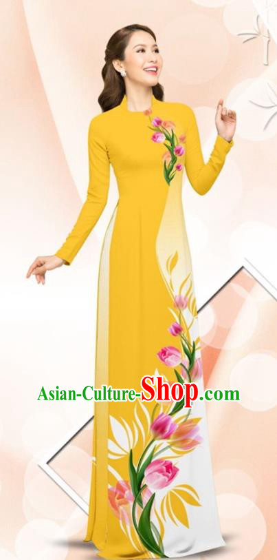 Asian Traditional Vietnamese Classical Printing Tulip Yellow Ao Dai Qipao Dress and Loose Pants Vietnam Women Cheongsam Costumes