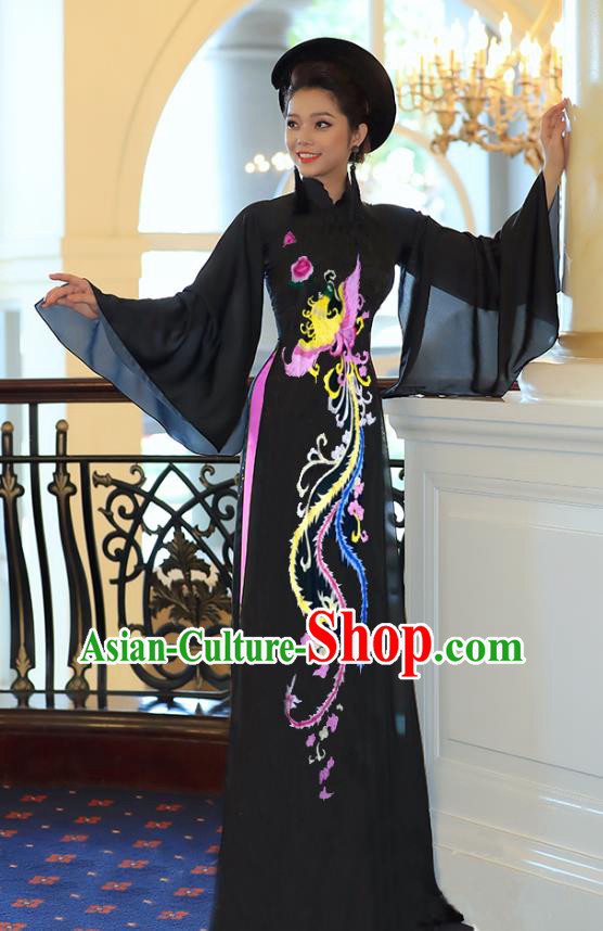 Traditional Vietnamese Colorful Phoenix Pattern Black Ao Dai Qipao Dress and Pants Asian Vietnam Cheongsam Classical Court Costumes
