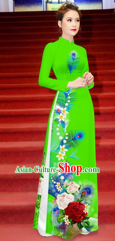 Traditional Vietnamese Printing Roses Green Ao Dai Qipao Dress and Pants Asian Vietnam Classical Cheongsam Costumes