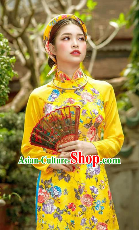 Traditional Vietnamese Ao Dai Qipao Dress and Pants Asian Vietnam Classical Court Yellow Silk Cheongsam Costumes