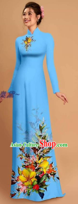 Traditional Vietnamese Bride Blue Ao Dai Qipao Dress and Pants Asian Vietnam Classical Printing Flowers Cheongsam Costumes