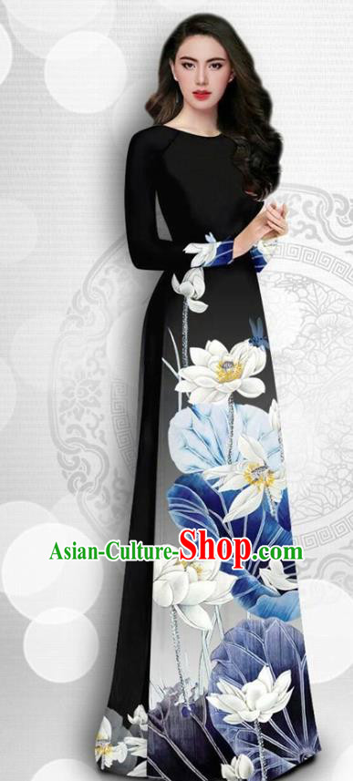 Asian Vietnam Court Female Classical Cheongsam Traditional Vietnamese Costumes Printing Lotus Black Ao Dai Qipao Dress and Loose Pants