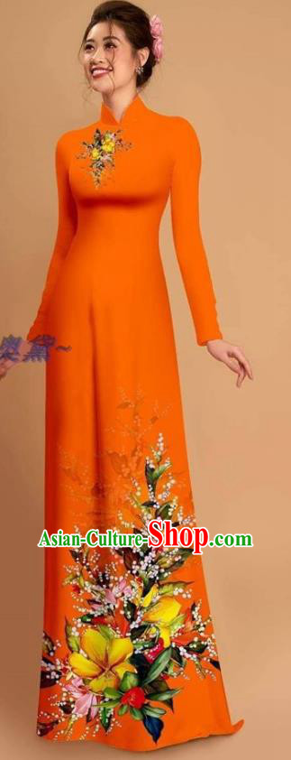 Traditional Vietnamese Bride Orange Ao Dai Qipao Dress and Pants Asian Vietnam Classical Printing Flowers Cheongsam Costumes