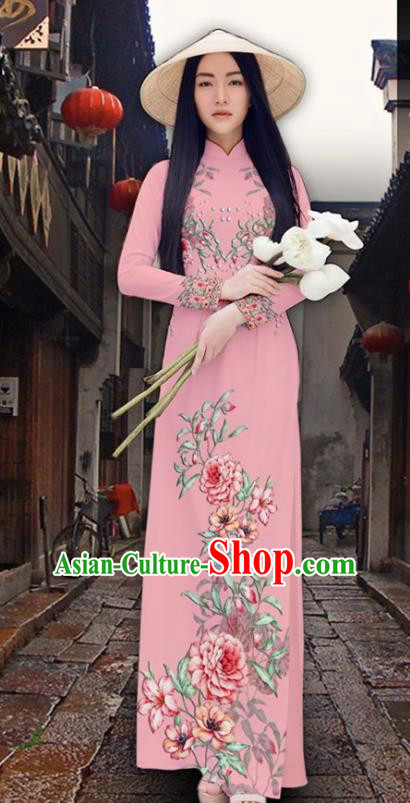 Asian Vietnam Court Classical Cheongsam Traditional Vietnamese Printing Peony Pink Ao Dai Qipao Dress and Loose Pants Women Costumes