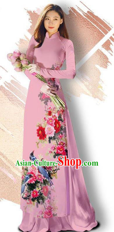 Asian Vietnam Classical Court Cheongsam Traditional Vietnamese Printing Peony Bird Lilac Ao Dai Qipao Dress and Loose Pants Women Costumes