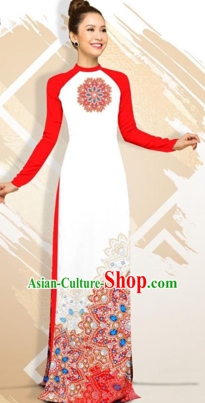 Asian Vietnam Classical Court Female Cheongsam Costumes Traditional Vietnamese Red Ao Dai Qipao Dress and Loose Pants