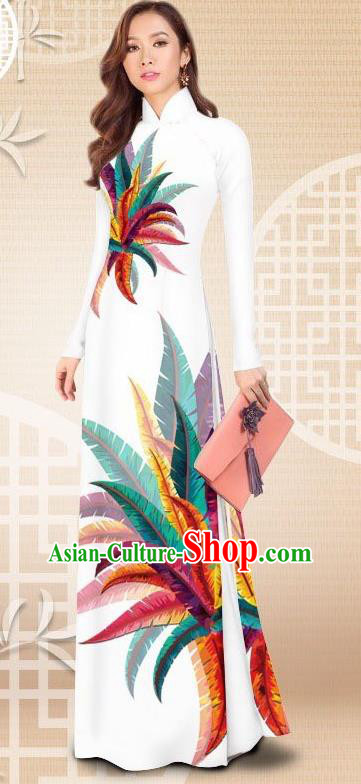 Asian Vietnam Female Classical White Cheongsam Costumes Traditional Vietnamese Printing Petard Pattern Ao Dai Qipao Dress and Loose Pants