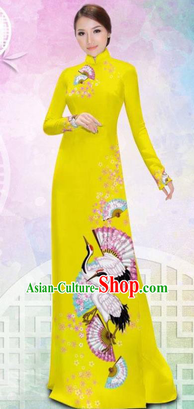 Asian Vietnam Printing Crane Yellow Cheongsam Costumes Traditional Vietnamese Classical Ao Dai Qipao Dress and Loose Pants