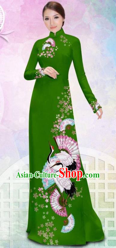 Asian Vietnam Printing Crane Green Cheongsam Costumes Traditional Vietnamese Classical Ao Dai Qipao Dress and Loose Pants