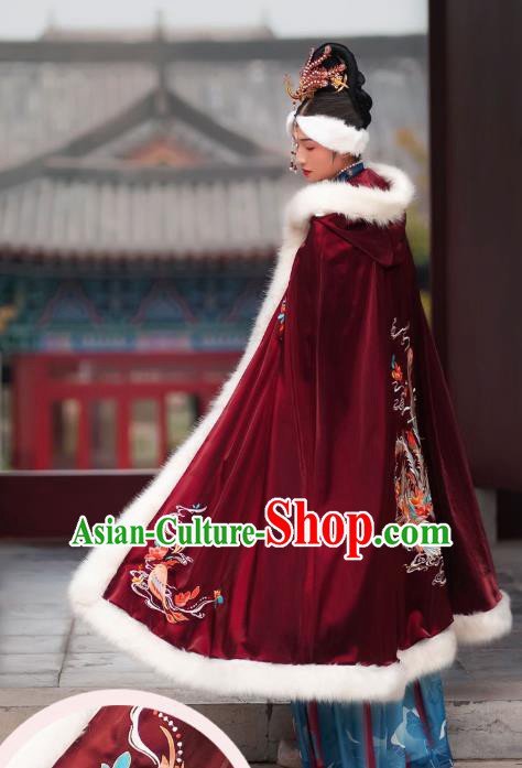 Chinese Ming Dynasty Countess Historical Costumes Traditional Ancient Noble Women Hanfu Apparels Embroidered Wine Red Wool Cape