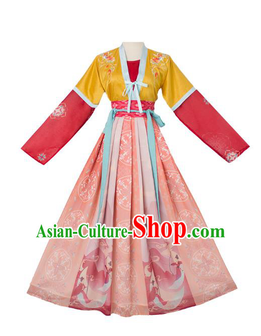 Chinese Ancient Tang Dynasty Palace Lady Historical Costumes Traditional Hanfu Apparels Embroidered Top Blouse and Skirt Complete Set
