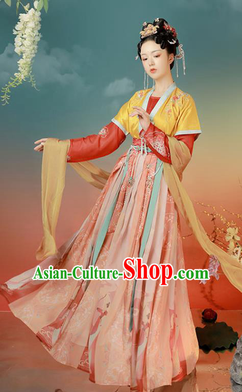 Chinese Ancient Tang Dynasty Palace Lady Historical Costumes Traditional Hanfu Apparels Embroidered Top Blouse and Skirt Complete Set