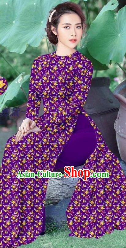 Traditional Custom Vietnamese Purple Ao Dai Qipao Dress and Pants Asian Vietnam Stage Show Cheongsam Female Costumes