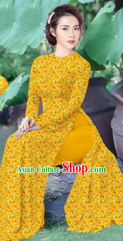Vietnamese Women Yellow Qipao and Pants Uniforms Traditional Ao Dai Dress Asian Vietnam Custom Cheongsam Costume