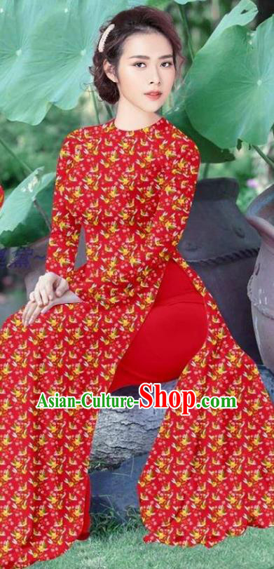 Asian Vietnamese Red Qipao and Pants Women Vietnam Traditional Custom Ao Dai Dress Costume Cheongsam Uniforms