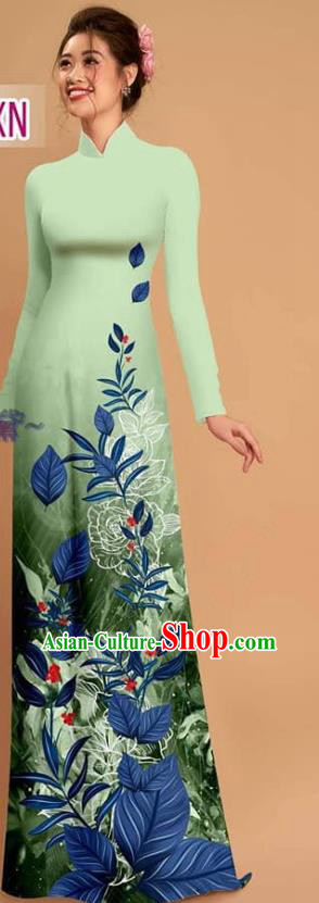 Custom Vietnamese Printing Qipao with Pants Uniforms Vietnam Traditional Ao Dai Dress Asian Light Green Costume