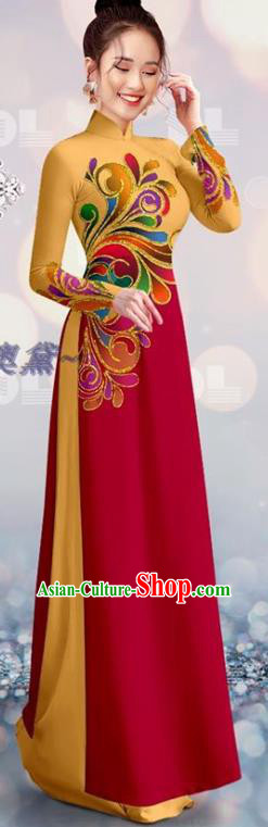 Asian Custom Costume Vietnamese Traditional Bride Ao Dai Uniforms Vietnam Qipao Dress with Pants Yellow and Red Cheongsam