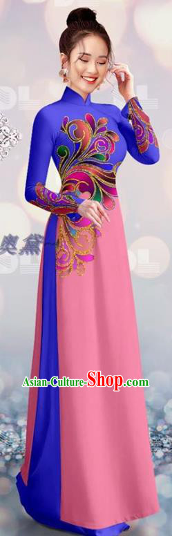 Asian Vietnamese Custom Costume Traditional Bride Ao Dai Uniforms Vietnam Royalblue and Pink Cheongsam Qipao Dress with Pants