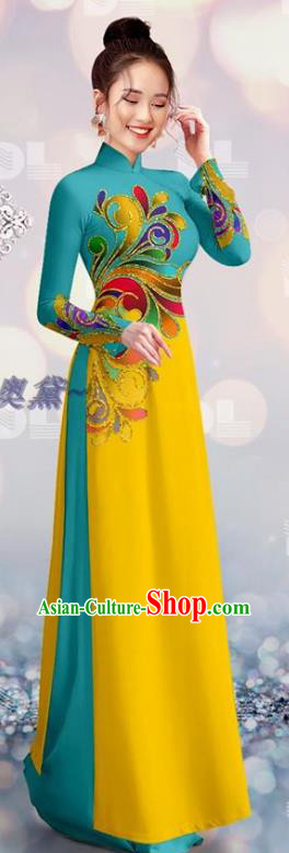 Vietnam Green and Yellow Ao Dai Qipao Dress with Pants Custom Costume Cheongsam Asian Vietnamese Traditional Bride Uniforms