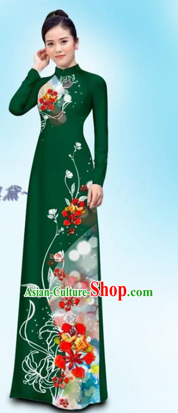 Asian Vietnam Ao Dai Cheongsam Deep Green Qipao Dress and Pants Custom Uniforms Traditional Vietnamese Female Clothing