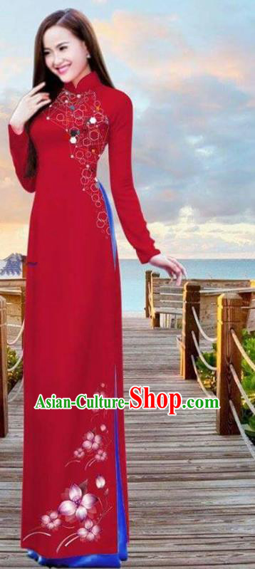 Vietnamese Peach Blossom Pattern Design Red Dress Traditional Bride Cheongsam with Pants Uniforms Asian Vietnam Custom Ao Dai Costume