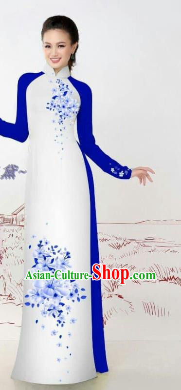 Custom Asian Vietnam Ao Dai Costume Royalblue Uniforms Traditional Bride Long Dress with Pants Vietnamese Cheongsam