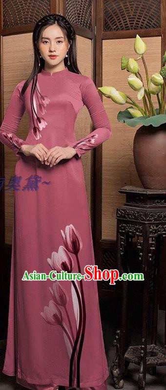 Vietnamese Custom Cheongsam Traditional Bride Uniforms Asian Vietnam Women Ao Dai Costume Deep Pink Long Dress with Pants