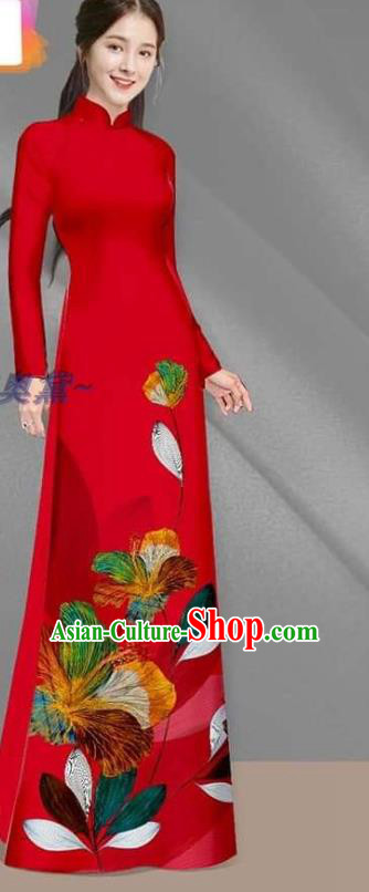 Vietnamese Traditional Bride Red Long Dress with Pants Cheongsam Uniforms Asian Custom Vietnam Women Ao Dai Costume