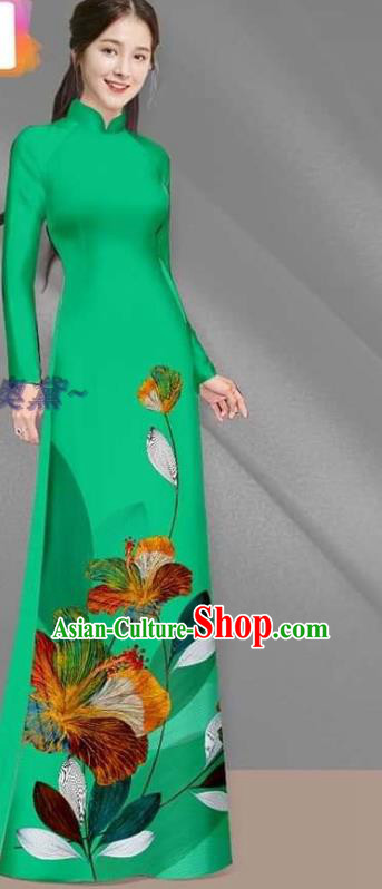 Vietnamese Green Uniforms Asian Traditional Cheongsam Bride Long Dress with Pants Custom Vietnam Women Ao Dai Costume