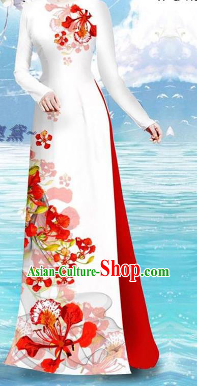 Asian Vietnamese Custom Cheongsam and Pants Uniforms Traditional Vietnam Women Ao Dai Clothing Printing Cockscomb Pattern White Qipao Dress