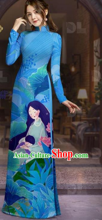 Traditional Vietnam Blue Dress Ao Dai Clothing Custom Printing Tunic with Pants Uniforms Asian Vietnamese Costume