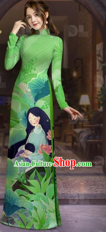 Traditional Vietnam Custom Printing Tunic with Pants Uniforms Asian Vietnamese Costume Green Dress Ao Dai Clothing