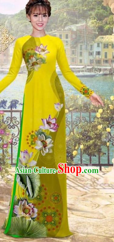 Vietnam Women Printing Lotus Yellow Dress with Pants Uniforms Asian Ao Dai Clothing Traditional Vietnamese Bride Costume