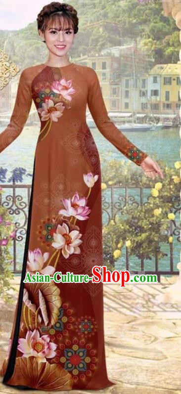 Asian Ao Dai Clothing Traditional Vietnamese Bride Costume Vietnam Women Printing Lotus Brown Dress with Pants Uniforms