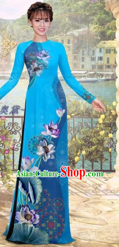 Asian Printing Lotus Blue Ao Dai Clothing Vietnam Women Dress with Pants Uniforms Traditional Vietnamese Bride Costume