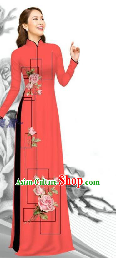 Asian Traditional Vietnam Women Printing Rose Dress with Pants Uniforms Bride Costume Vietnamese Magenta Ao Dai Clothing